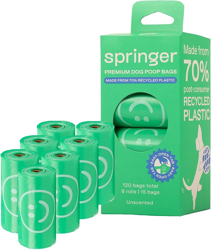 Springer Premium Poop Bags for Dogs, 120 Count, Unscented, Leak Proof and Thick Waste Bag Refill Rolls, Made from Recycled Plastic with Easy to Open Tab
