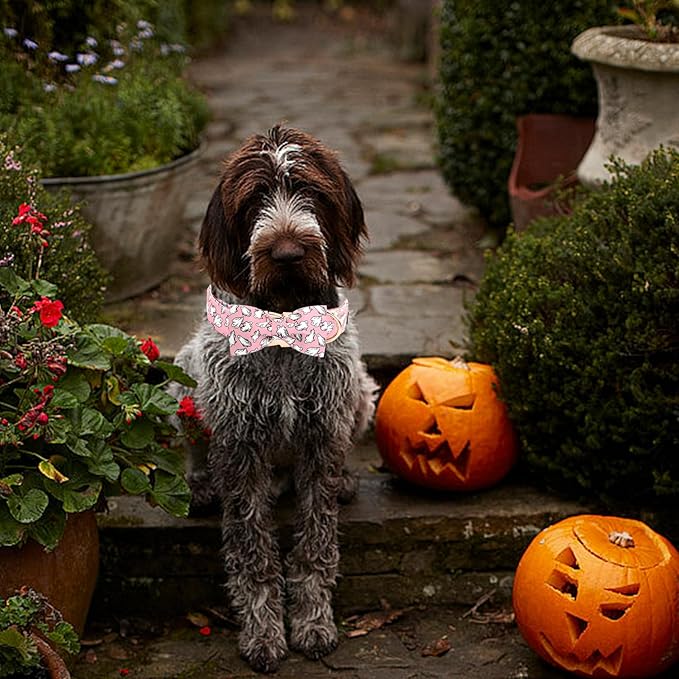 Elegant little tail Halloween Dog Collar, Pink Ghosts Print Dog Collar with Bow Puppy Collar Bowtie Flower Female Cotton Adjustable Collars for Small Medium Large Dogs