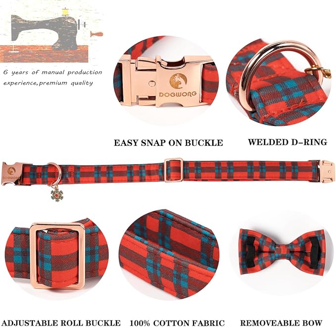 DOGWONG Christmas Dog Collar with Bow Tie, Red Green Plaid Dog Collar Durable Metal Buckle Adjustable Soft & Cute Red Checkered Dogs Collars for Small Medium Large Dogs, XS