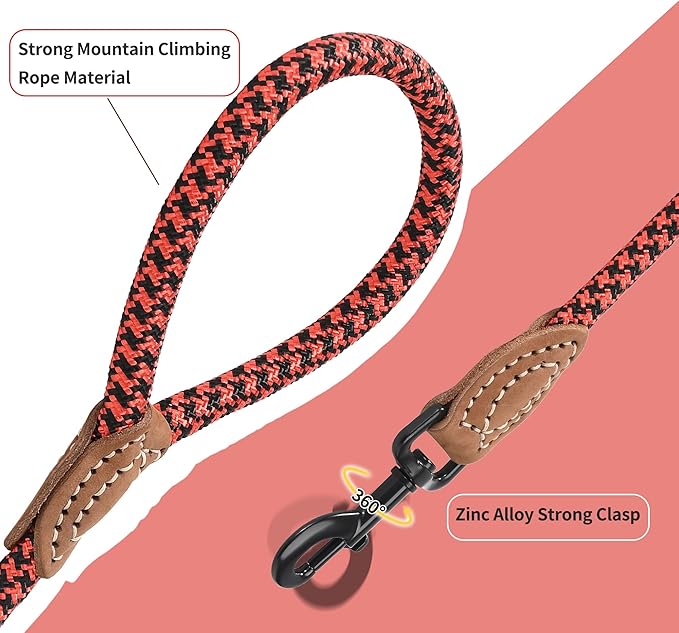Mile High Life | Mountain Climbing Dog Rope Leash with Heavy Duty Metal Sturdy Clasp | Genuine Leather Tailored Connection with Strong Stitches (Red Black, 72 Inch (Pack of 1))