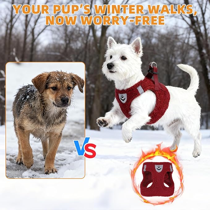 KOOLTAIL Christmas Plush Small Dog Harness and Leash Set, Warm Fleece No Pull Puppy Vest for Winter, Lightweight Reflective Step in Pet Harness for Medium Sized Dogs Boy Girl Outdoor Walking, Red M