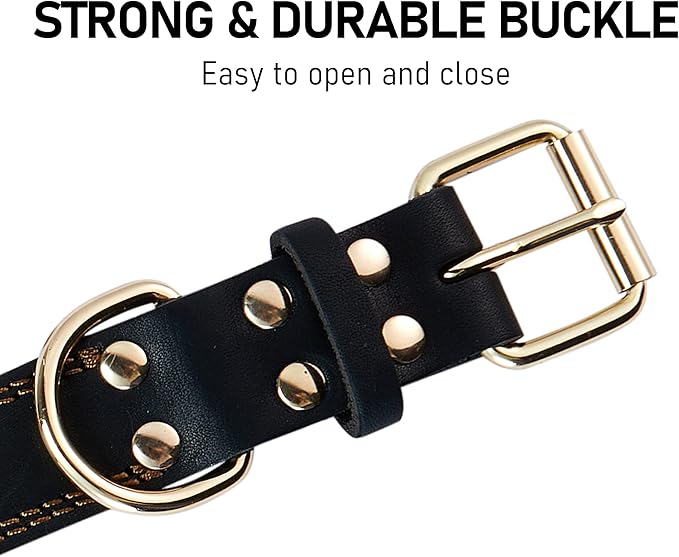 Genuine Leather Dog Collar, Heavy Duty Wide Dog Collar for Small, Medium, Large and Extra Large Dog (M: 1" Wide for 15.2"-19.2" Neck, Dual Stitch - Black)