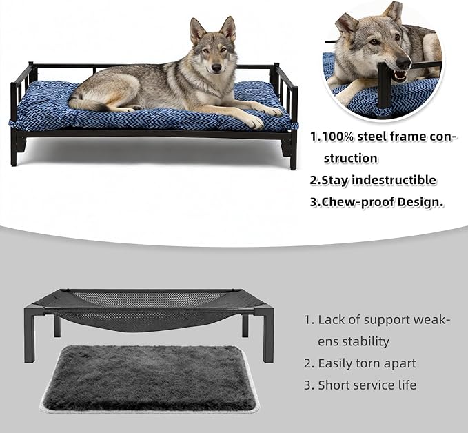 Raised Dog Bed with Waterproof Steel Frame - Washable Cushion Mat, Elevated Pet Cot for Large Size Dog, Breathable, Durable, No-Slip Feet, for Indoor & Outdoor, Black