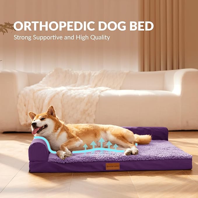 Patas Lague Orthopedic Dog Bed Large Sized Dog 36''X24'', Waterproof L Bolster Medium Pet Sofa Beds with Removable Washable Cover, Soft Comfortable Pet Couch Crate Mat with Nonskid Bottom, Purple