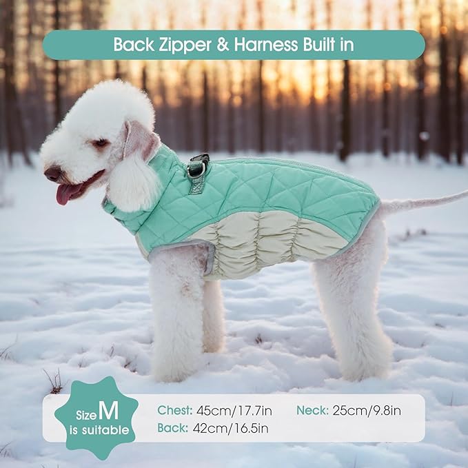 FUAMEY Dog Coat for Large Dogs,Waterproof Dog Winter Jacket with Harness Built in Puppy Cold Weather Coats Reflective Pet Vest with Zipper Warm Fleece Dogs Snowsuit Windproof Mint Green XXXL