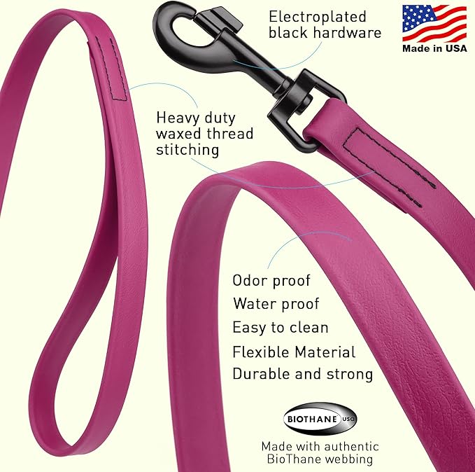 Dogline Biothane Waterproof Dog Leash Strong Coated Nylon Webbing with Black Hardware Odor-Proof Easy to Clean High Performance for Small or Large Dogs Made in USA 2 ft Lead, Magenta Pink