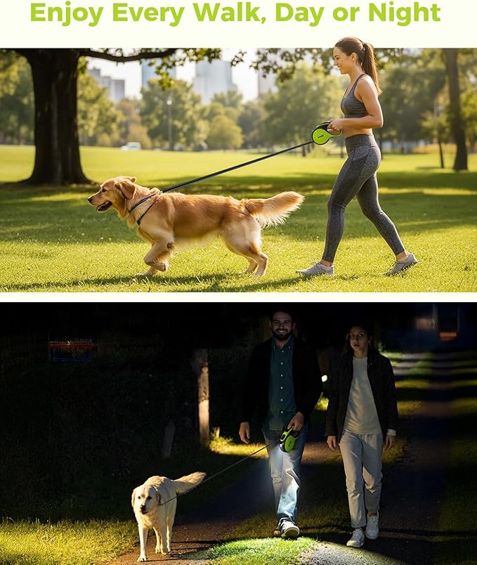 Retractable Dog Leash with Light, 16.4 ft Retractable Pet Leash with Anti-Slip Soft Grip, 360° Tangle-Free, One-Button Control, Reflective Leashes for Small Medium Dog Up to 66 lbs