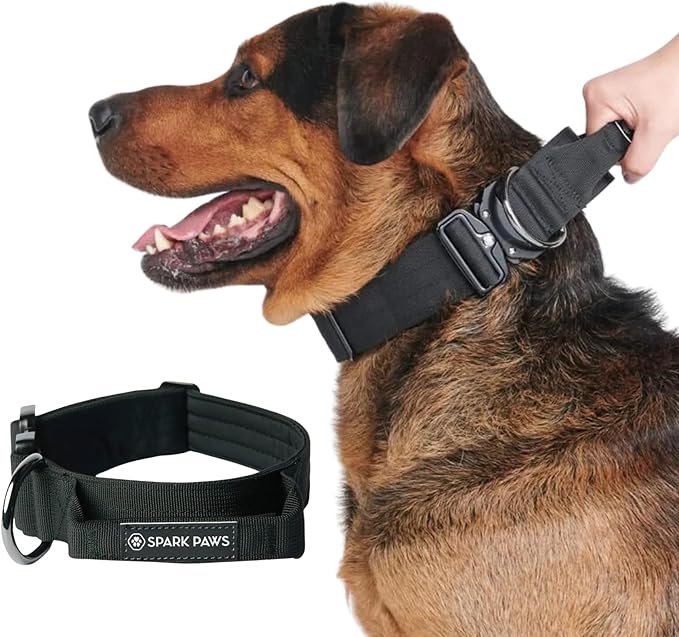 Spark Paws Tactical Dog Collar - Heavy Duty, Premium Quality, Thick and Durable for Large and Medium Dogs - Black - M