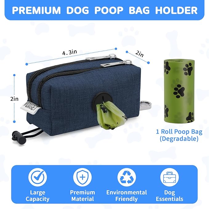 Poop Bag Holder for Leashes, Dog Treat Pouch Carrier with 2 Zipper Pockets and Clip for Puppy Training, Dog Waste Bag Dispenser with 1 Roll Poop Bags for Walking Accessories (Navy Blue)