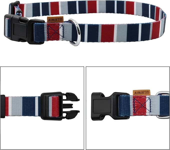 Dog Collar, Cute Multi Stripe Pattern, Soft and Adjustable Collar with Quick Release Buckle (M (Neck 14-24", Width 3/4"), Rainbow Navy)