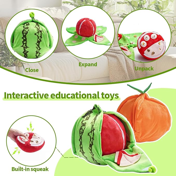 Orange Hide and Seek Plush Dog Toy, Squeakers and Crinkle Paper, Watermelon Puzzle Feeder for Small Medium Dogs, Boredom Relief & Training Aid (Watermelon)