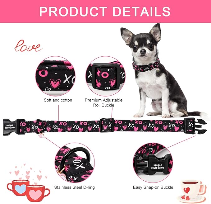 Unique Style Paws Valentine Dog Collar Plastic Buckle with Pendant BlackBerry Love Heart Cotton Puppy Collars for Small Medium Large Dogs