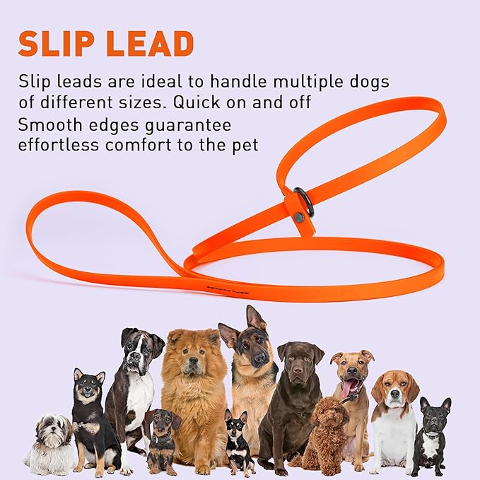 Dogline Biothane Slip Dog Leash - for Small, Medium and Large Dogs - Odor Free Slip Lead, Heavy Duty and Durable Material Kennel Lead - Hunter Orange - 7ft L x 1/2in W