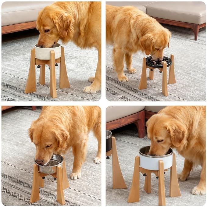 Elevated Dog Bowl Stand - Nature Beech Wood Stand 10-inch High Neck-Protecting Raised Stand for Medium & Large Sized Dog Adjustable Bowl Base Non Toxic Pet-Friendly Feeder Stand