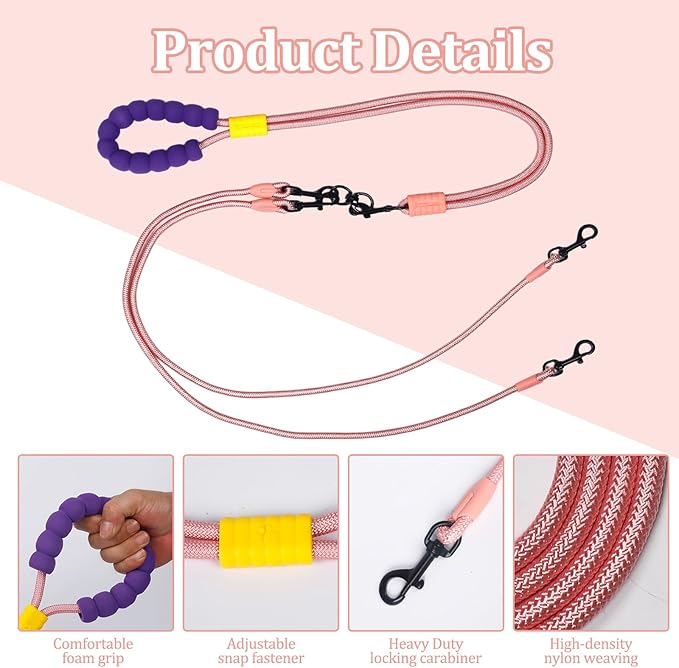 Double Dog Leash No Tangle, Adjustable Split Leads Three Pet Walking Leash with Comfortable Padded Handle for Three Dogs, Hands - Free Three Leashes for Small/Medium Pets (Pink, Three Leashes)