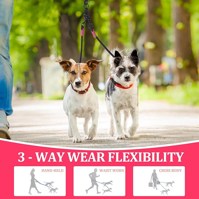 Double Dog Leash No Tangle, Adjustable Split Leads Three Pet Walking Leash with Comfortable Padded Handle for Three Dogs, Hands - Free Three Leashes for Small/Medium Pets (Black, Three Leashes)