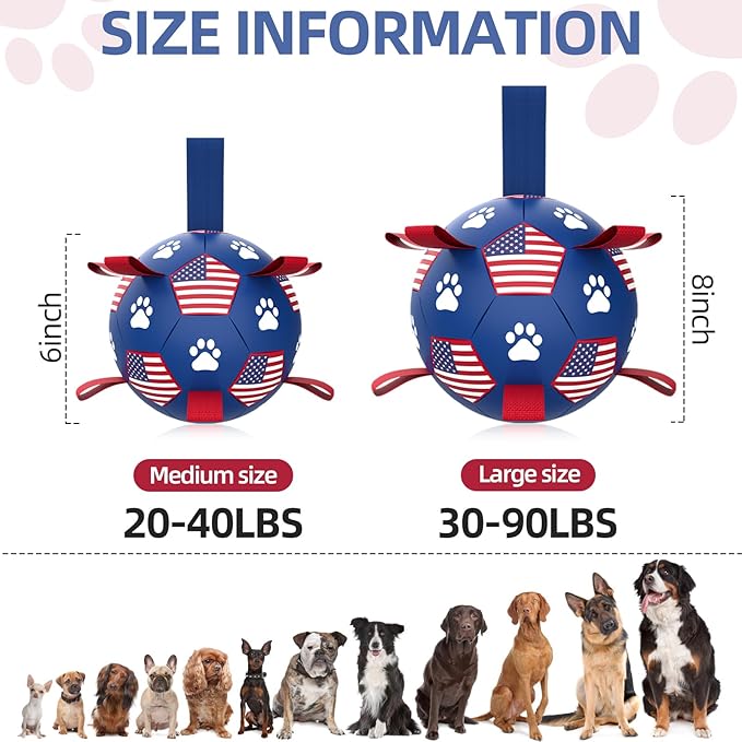 QDAN Dog Toys Soccer Ball with Straps, Durable Balls for Large Dogs, Beach Pool Dog Water Toy, Puppy Dog Birthday Gifts (8 Inch)