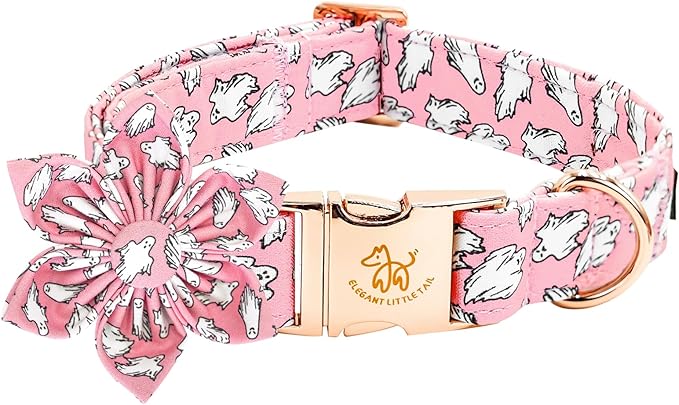 Elegant little tail Halloween Dog Collar, Pink Ghosts Print Dog Collar with Flower Puppy Collar Flower Female Cotton Adjustable Collars for Small Medium Large Dogs