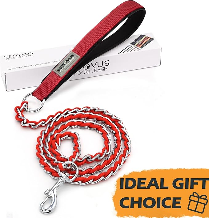Chain Dog Leash Chew Proof Metal Leash for Medium Large Dogs, Chain Link Dog Anti Chew 5.2FT / 4FT Strong Anti Bite Comfortable Soft Padded Handle (red, 4FT(30-80lb)