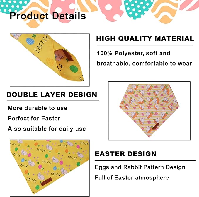 ADOGGYGO Easter Dog Bandana 2 Pack, Bunny Carrot Print Pet Scarf, Adjustable Fit Easter Bandanas for Medium Large Dogs (Large)