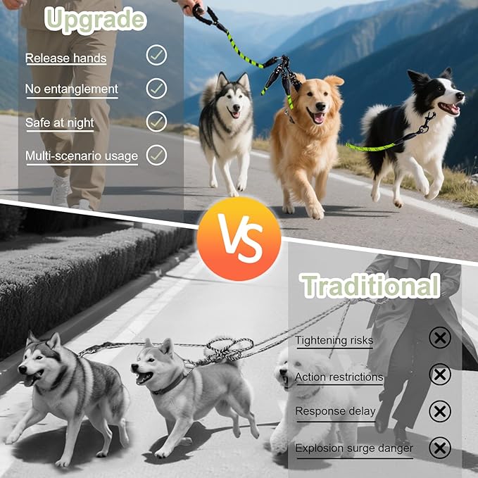 No Tangle 3 Dog Leash -Main Lead Rope with Padded Handle, Three Detachable Leash Splitters, Heavy-Duty Clip, 4.76ft for Walking, Running, Small, Medium, Large Dogs (Green)