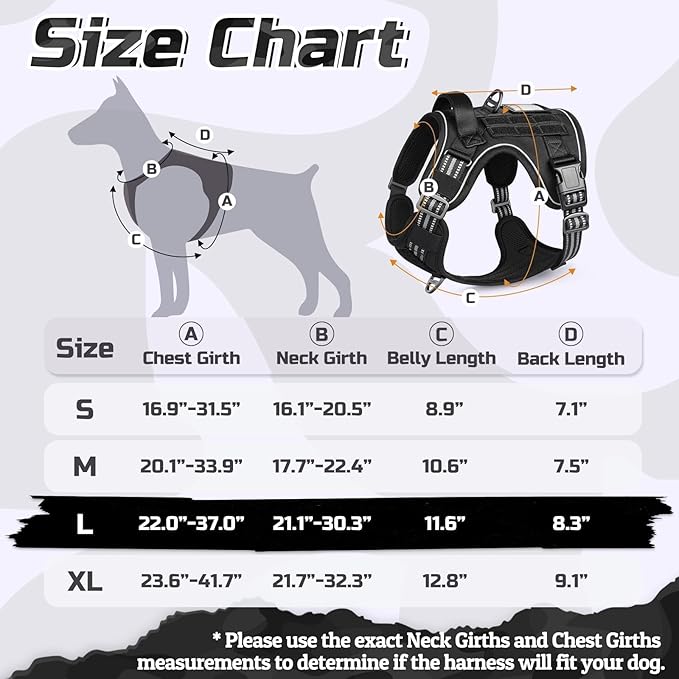 rabbitgoo Tactical Dog Harness for Large Dogs, No Pull Military Service Vest with Handle & Molle, Easy Control for Training Walking, Adjustable Reflective Straps, Black, L
