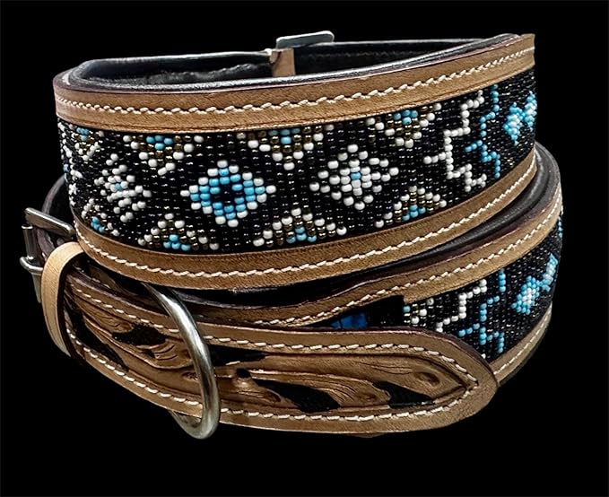 Majestic Ally Padded Leather Dog Collar, Multi-Color Beaded Diamond Design, Handcrafted (Large, Diamond Beadwork)