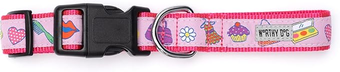 THE WORTHY DOG Collar for Large Dogs, Adjusts 15-21 inches, Durable Nylon Webbing, Quick Release Buckle, Fashionista Pattern, Pink, Large