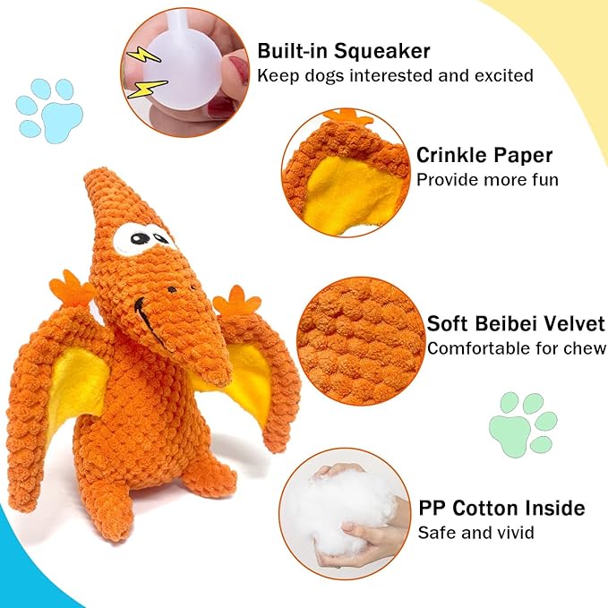 LWBMG Squeaky Dog Toys Plush Dog Toy with Crinkle Paper Dinosaur Dog Toy Stuffed Animals Chew Toy Plush Squeaky Dog Birthday Toys for Small Medium Large Dogs Orange