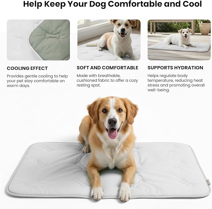 Pet Cooling Mat, 35" x 23" Self-Cooling Pad for Dogs or Cats, Soft Breathable, Pet-Safe, Portable & Durable Pet Mat for Crate, Trunk, Camping, Outdoors, Machine Washable, Light Gray