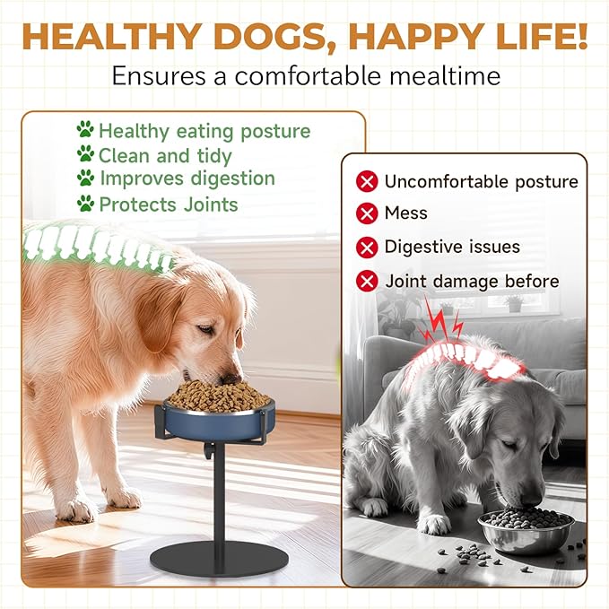 Extra-Stable Elevated Dog Bowl Stand, Adjustable Height 8-16in, Width 6-10in, Tall Single Lifted Food Holder for Large Medium Size Breeds, Metal Non-Slip Raised Dish Riser Pet Water Feeder