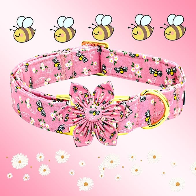 Elegant Little Tail Spring Dog Collar, Flower Cute Bees Print Cotton Soft Female Male Puppy Adjustable Dog Collar for Large Dogs