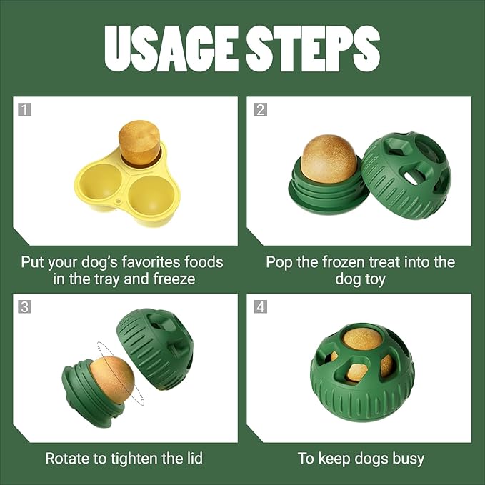 2PC Interactive Dog Toys, Durable Silicone Chew Toy for Aggressive Chewers,Interactive Frozen Dog Treat Toy with Ice Tray， Slow Feeder & Puzzle Enrichment Ball for Small Medium Dogs (Green)