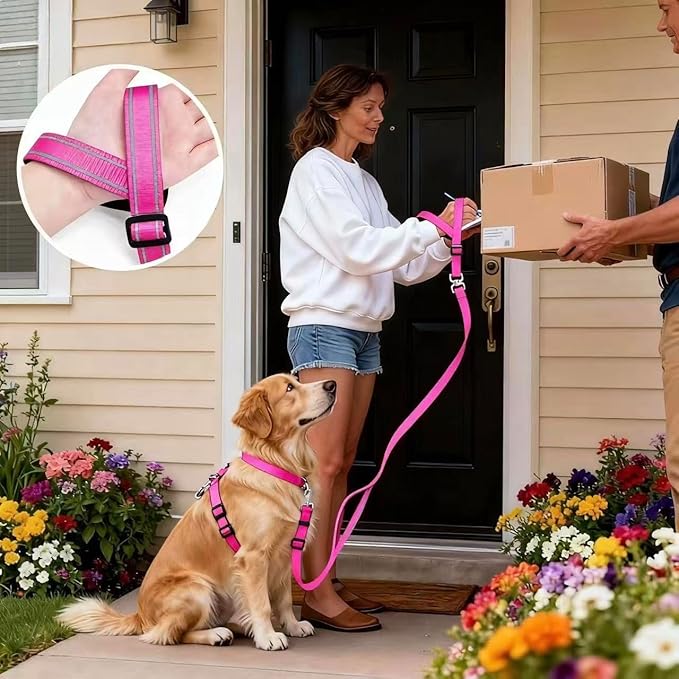 Hands-Free Dog Leash, Heavy Duty No-Pull Training Lead w/Anti-Tangle, Double Padded Traffic Handles Adjustable 5-5.6FT & Reflective Thread for Medium Large Dogs for Running/Walking Pink