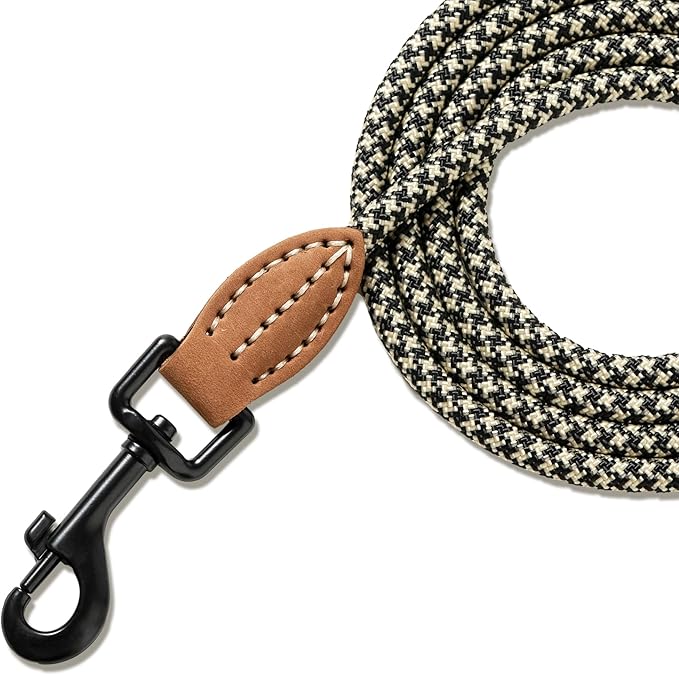 Mile High Life Small Dog Leash, Thin Rope Leash with Genuine Leather Connection and Heavy Duty Metal Clasp, Great for Small Medium Dogs(Black Khaki,48 Inch-1/3)