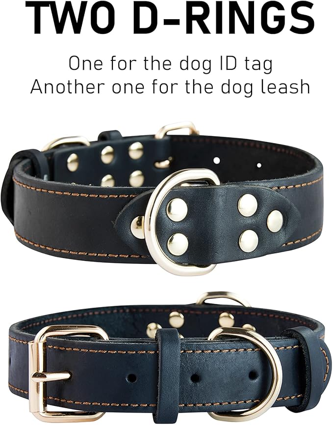 Genuine Leather Dog Collar, Heavy Duty Wide Dog Collar for Small, Medium, Large and Extra Large Dog (L: 1.2" Wide for 16.2"-22" Neck, Single Stitch - Black)