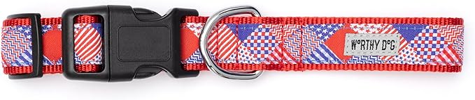 THE WORTHY DOG Collar for Large Dogs, Adjusts 18-24 inches, Durable Nylon Webbing, Quick Release Buckle, Americana Pattern, Red/White/Blue, X-Large