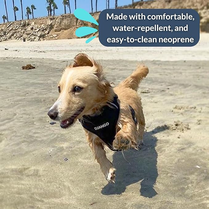 DJANGO Adventure Dog Harness - Stylish and Comfortable Large Dog Harness for Outdoor Adventures and Everyday Wear - Black Neoprene Adjustable Harness for Dogs with Reflective Piping and Brass D-Ring