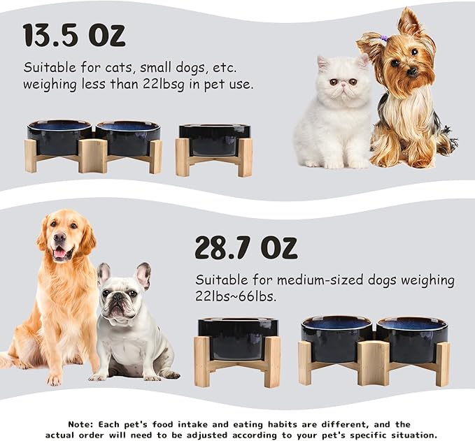 SPUNKYJUNKY 15° Slanted Ceramic Dog and Cat Bowl with Wooden Stand, Tilted Bulldog Food and Water Bowl No Slip Non-Spill for Cats Medium Dogs Big Face Pets 28.7 OZ (3.6 Cups, Starry Blue)