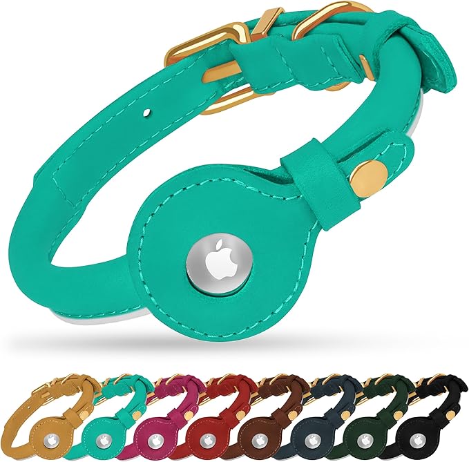 OOPSDOGGY Rolled Leather Dog Collar with Airtag Holder - Reflective Round Airtag Dog Collar - Soft Tracking Pet Collar for Small Dogs Puppy Cats Kitten (Teal, XL, 17"-21")