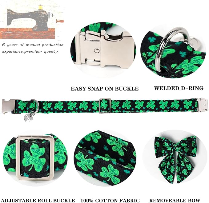 DOGWONG Green Lucky Clover Shamrock Dog Collar with Bowtie, Soft Adjustable St. Patrick's Day Lucky Charm Black Puppy Collar for Small Medium Large Dog