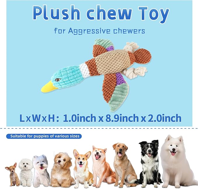 Duck Dog Toys for Aggressive Chewers, Squeaky Crinkle Plush Puppy Chew Toy with Rope Legs for Small Medium Large Dogs, Stuffed Duck Dog Toy for Teething, Tug