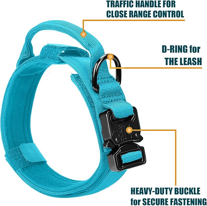 Tactical Dog Collar and Bungee Leash,Military Dog Collar & Leash Set with USA American Flag Adjustable K9 Collar with Heavy Duty Metal Buckle & Handle,with Patches and Airtags Case (Light Blue, L)