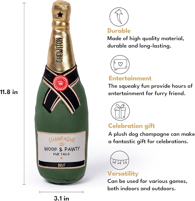 CHEWFFON Dog Toy, Squeaky Dog Toys for Boredom, Plush Dog Present Chew Toy for All Breeds Dogs, Champagne Shape Interactive Dog Toys for Birthday Stimulating Gifts