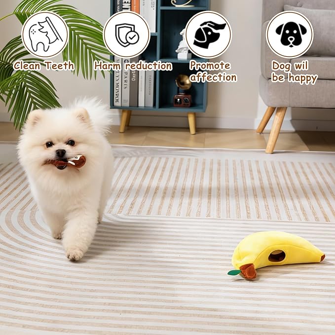 Hollypet Squeaky Dog Toy, Interactive Plush Hide and Seek Dog Toys for Small Medium Sized Dogs and Non-Aggressive Chewers, Puppy Teeth Clean Chew Toys, Banana and Monkeys