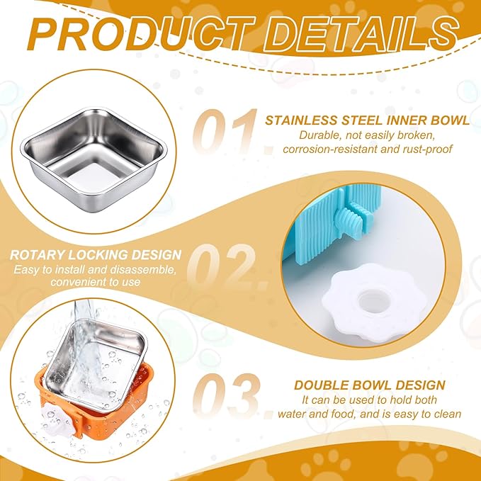 Crate Dog Bowl, Removable Stainless Steel Pet Cage Hanging Anti-Overturn Food Water Feeder Cage Cup (2Pcs, Square, Dark Blue/Orange, 11.1oz), Intended for Puppies/Cat/Rabbit/Bird
