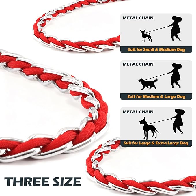 Chain Dog Leash Chew Proof Metal Leash for Medium Large Dogs, Chain Link Dog Anti Chew 5.2FT / 4FT Strong Anti Bite Comfortable Soft Padded Handle (red, 4FT(30-80lb)