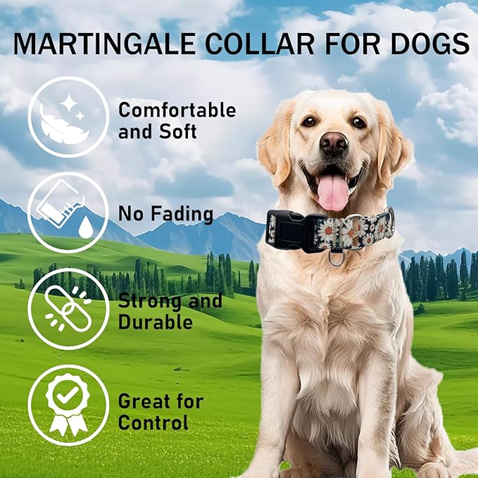 Martingale Collar for Dogs Flower Dog Collars with Quick Release Buckle Adjustable Nylon Soft Dog Collar for Large Dogs, Daisy