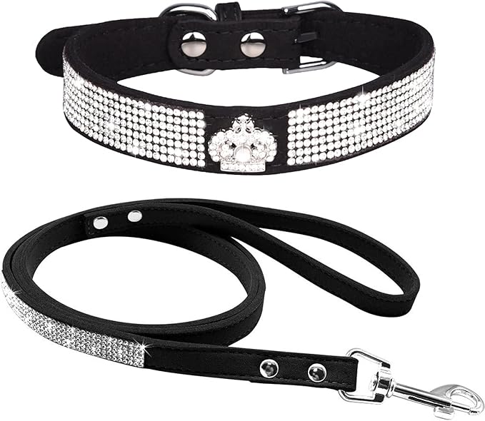 Cute Dazzling Sparkling Elegant Fancy Soft Suede Leather Bling Rhinestone Crystal Jeweled Pet Cat Dog Puppy Collar Dog Leash Combo Set (M(Neck 12.5-15"), Black-4)