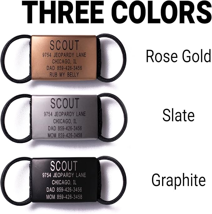 Personalized Dog Tags by ROAD iD | Silent & Durable | Jingle-Free Slide-On Design | Stainless Steel Name Tag Fits Any Collar | Multiple Colors & Sizes for Your Pet's Unique Style